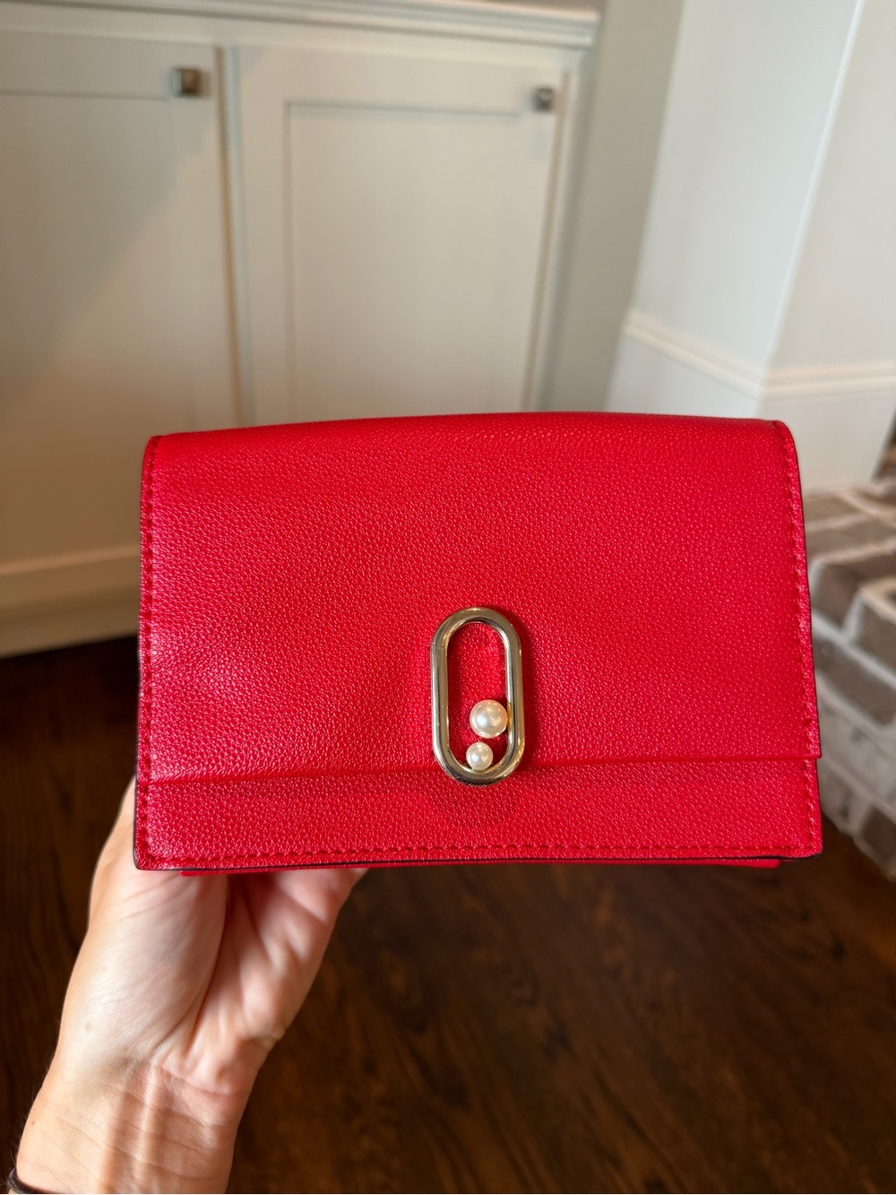Nine West Red Leather Clutch with Gold Pearl Accent